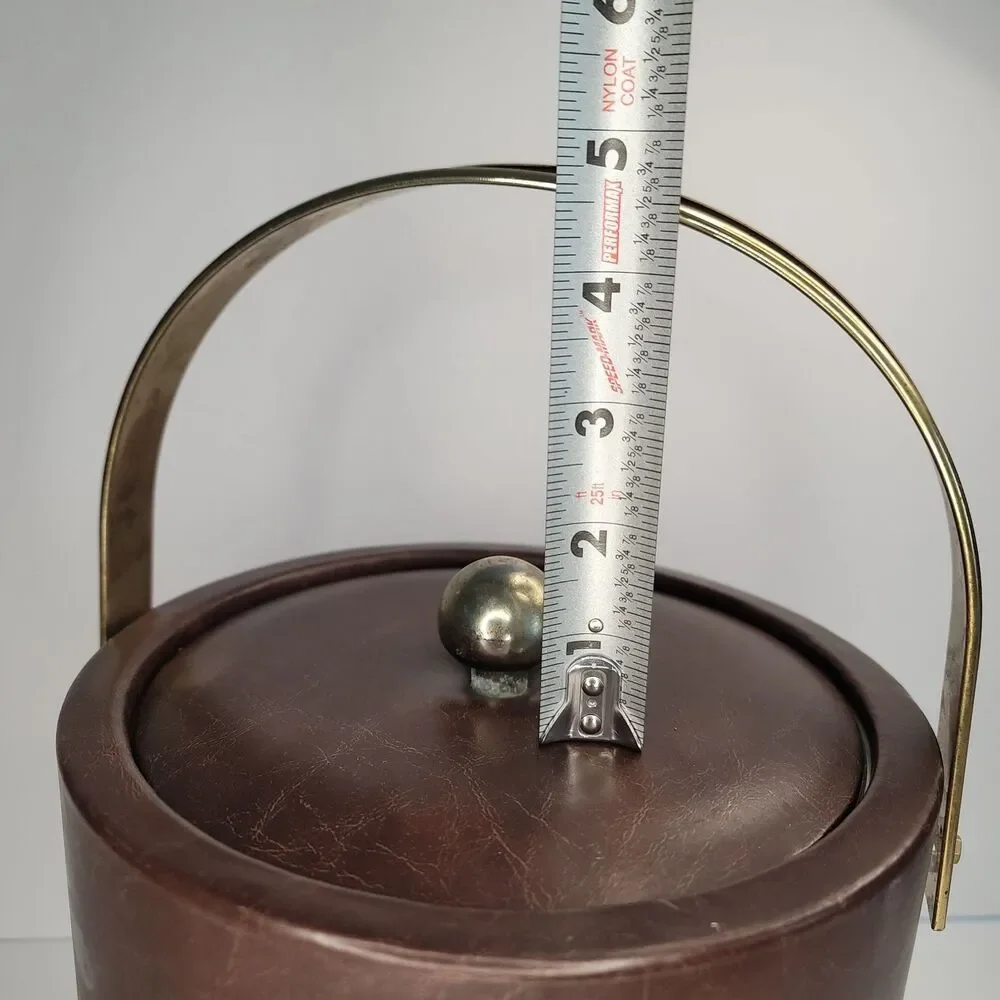 Vintage MCM Brown Vinyl Ice Bucket High Rise Brass Handle Retro Barware 8 In
